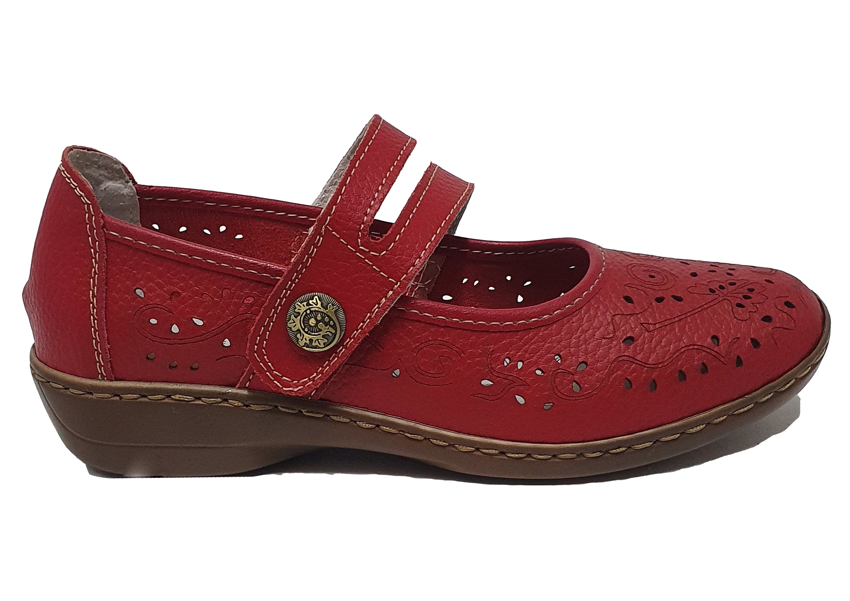 Womens Red Leather Touch Fasten Wide 